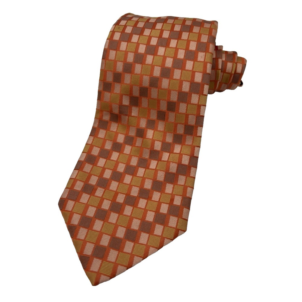 HUGO BOSS Men's Tie 100% Silk ITALY Designer Geometric Orange/Pink Box EUC
